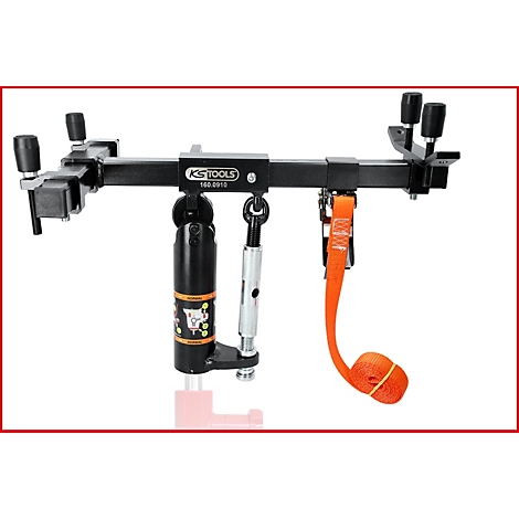 Schwarzes Werkzeug mit orangefarbenem Gurt und KS TOOLS-Logo. Verschiedene Schrauben und Stellschrauben.